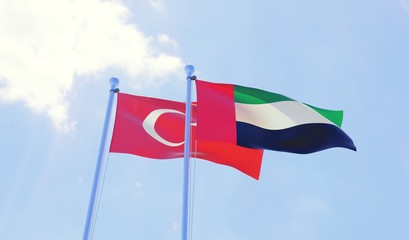 Turkey and UAE, two flags waving against blue sky. 3d image