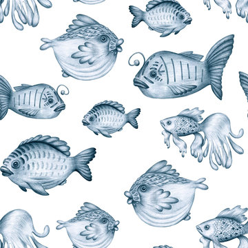 Seamless marine pattern. Blue fishes drawn by a pencil on a white background. A set of magical fabulous fish. Cartoon children's illustration.