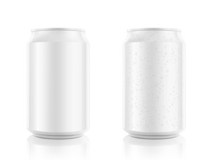 Realistic aluminum cans mockups. Front view. Vector illustration. Can be used for beer, water, soda, energetic, etc. Easy to use for presentation your product, idea, design. EPS10.