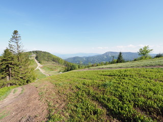 Fototapeta na wymiar Peaceful view of Klimczok mount in Silesian Beskids Mountains range landscape near european Bielsko-Biala city, Poland