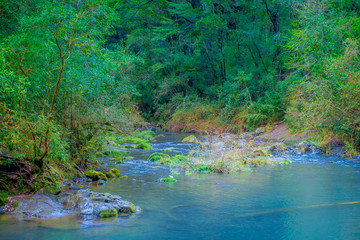 Beautiful outdoor view of gorgeous river of turquoise water located at Pucon, Chile