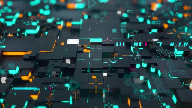 Seamless loop: 3d Digital technology concept. Black cubes with orange and turquoise segments symbolize data block.