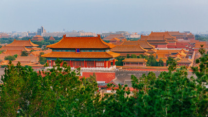 Fototapeta na wymiar Aerial view of the Forbidden City in central Beijing, China under blue sky