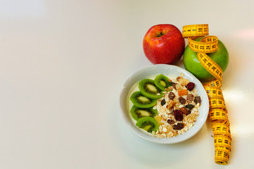 diet concept, apples and yogurt bowl and cereals, healthy diet