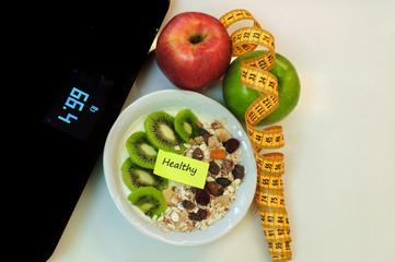 diet concept, apples and yogurt bowl and cereals, healthy diet