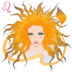 Zodiac. Vector illustration of the astrological sign of Leo as a beautiful girl with long hair. Isolated on white background