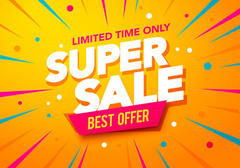 Vector illustration super sale banner template design, Big sales special offer. end of season party background