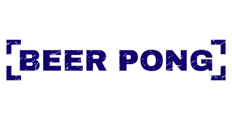 BEER PONG text seal print with corroded texture. Text label is placed inside corners. Blue vector rubber print of BEER PONG with corroded texture.