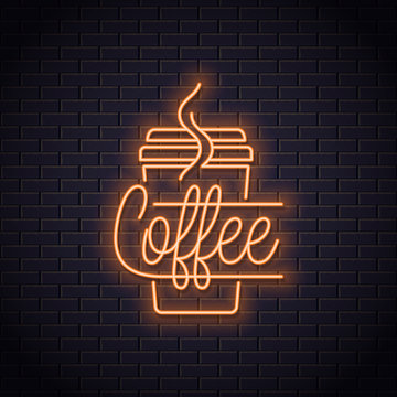 Coffee cup neon logo. Take away coffee to go