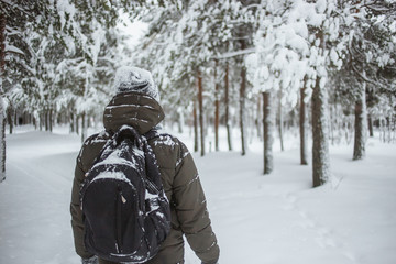 Fototapeta na wymiar Back view of man hiker with backpack looking to trees covered snow