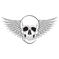 Vector illustration of realistic human hand drawn skul with wings. Hand sketched artwork in dark fashion style. Template for card poster banner print for t-shirt