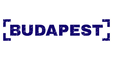 BUDAPEST text seal stamp with grunge texture. Text caption is placed inside corners. Blue vector rubber print of BUDAPEST with grunge texture.