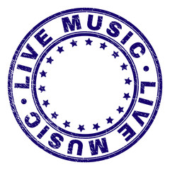 LIVE MUSIC stamp seal watermark with distress texture. Designed with circles and stars. Blue vector rubber print of LIVE MUSIC title with corroded texture.