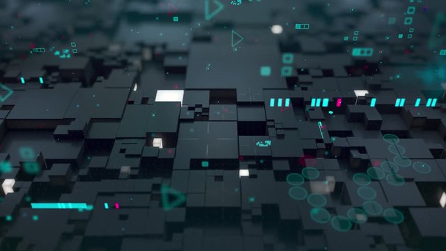 Seamless loop: 3d Digital technology concept. Black cubes with turquoise segments symbolize data block.