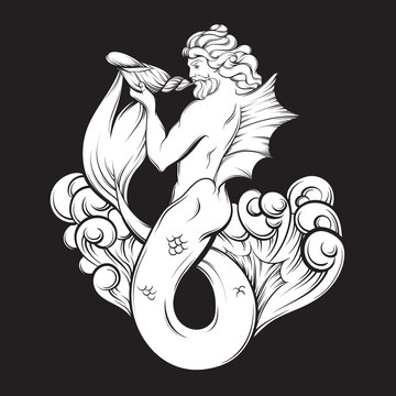 recommend clip art: Vector hand drawn illustration of triton in realistic line style. Mythology artwork. Template for card poster bannerprint for t-shirt.