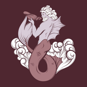 recommend clip art: Vector hand drawn illustration of triton in realistic line style. Mythology artwork. Template for card poster bannerprint for t-shirt.