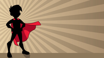 Illustration of super hero boy wearing cape against ray light background for copy space. © Malchev