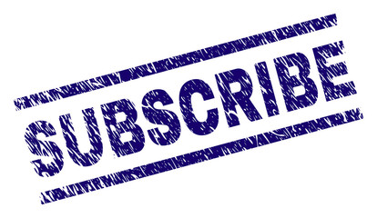 SUBSCRIBE seal print with grunge style. Blue vector rubber print of SUBSCRIBE title with scratched texture. Text label is placed between parallel lines.