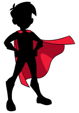 Full length silhouette illustration of superhero boy wearing cape and superhero costume.