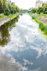 Green park in Myru or peace avenue in Naberezhna St or street in Rivne, western Ukraine and Ustya river in summer, vertical reflection of sky