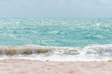 Wave crashing closeup on shore in Sunny Isles Beach, North Miami, Florida during day with colorful turquoise color water and seaweed on sand with nobody