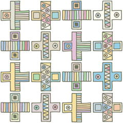Seamless vector pattern. geometrical background with hand drawn decorative tribal elements. Print with ethnic, folk, traditional motifs. Graphic illustration for wrapping, wallpaper, fabric, packing