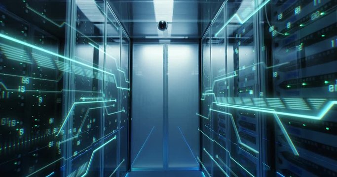 Dolly shot of the interior of a data center with glowing circuit board animated lines running along the wall