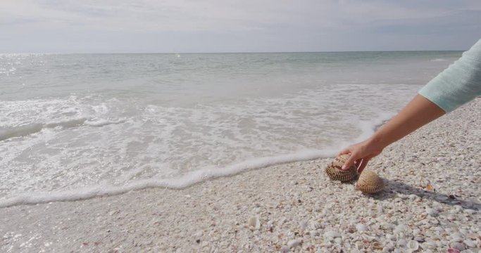Seashells on beach - woman shelling picking up sea shells on Sanibel Island Florida in Florida near Fort Myers. Sanibel Island is know for shelling and sea shell collecting.