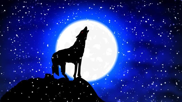 A wolf in the snow howls at the full moon
