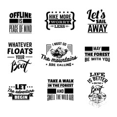Fototapeta premium Vector collection of quote typographical background about boat, forest, mountains with hand drawn illustrations. Template for card banner poster t-shirt.
