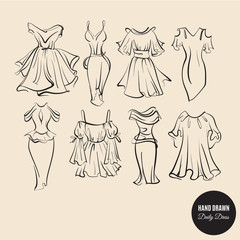 Vector collection of hand drawn woman daily dresses made in sketch careless style. Template for business card poster banner flyer and print for t-shirt
