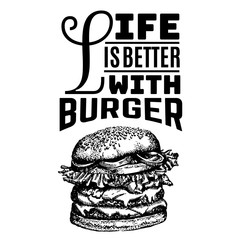 Vector quote typographical background about fast food. Illustration of burger in hand drawn sketch realistic style. Template for card banner poster print for t-shirt