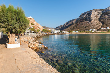 Coastal promenade and sea bay in Kamares village on Sifnos, Greece