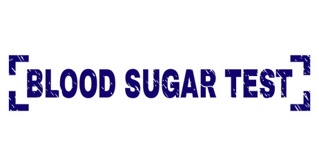 BLOOD SUGAR TEST label seal print with distress texture. Text label is placed between corners. Blue vector rubber print of BLOOD SUGAR TEST with grunge texture.
