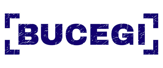 BUCEGI tag seal print with distress texture. Text tag is placed inside corners. Blue vector rubber print of BUCEGI with unclean texture.