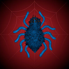 Vector illustration of Scary hairy black spider on web