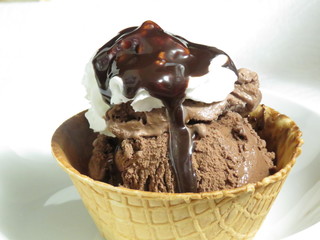 chocolate ice cream in waffle bowl
