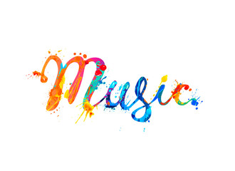 Music. Hand written inscription. Rainbow splash paint.