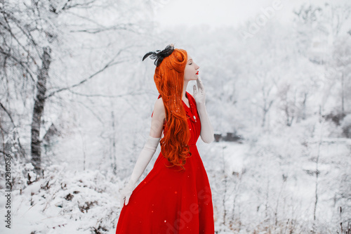 Beautiful Snow Maiden Girl With Red Hair On Winter Nature Beautiful