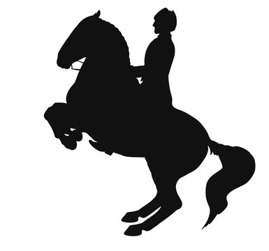 Higher school of riding. Silhouette of a horse and rider executing a levade.