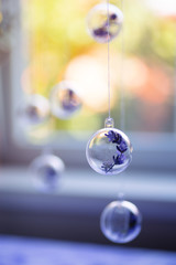 Lavender flowers hanging in transparent balls near sunny window indoor in summer.