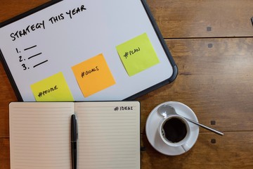 Business strategy on whiteboard with notepad and coffee