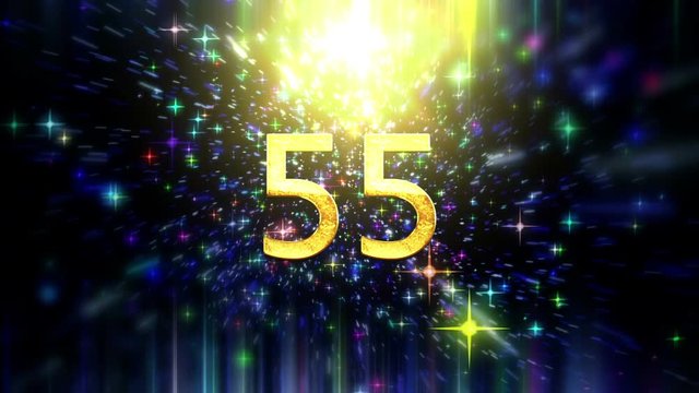 60 second sparkly countdown with a golden magical stars circle revealing the numbers and over a colorful particle background