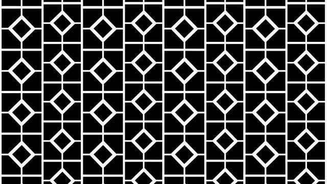 Black and white animated background featuring a seamless pattern with lines and rotating squares.