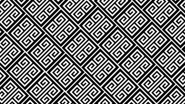 Black and white animated background featuring a seamless Greek style pattern sliding across screen