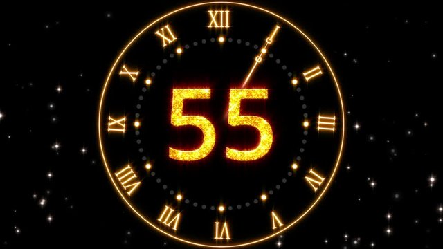 60 second glitter countdown with an elegant clock animation perfectly timed and snow particles.