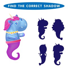 Unicorn seahorse  Find the correct shadow kids educational puzzle game. The Theme Of Mermaids vector illustration