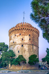 View of  the White Tower of Thessaloniki which is a monument and museum on the waterfront of Thessaloniki, capital of the region of Macedonia in northern Greece