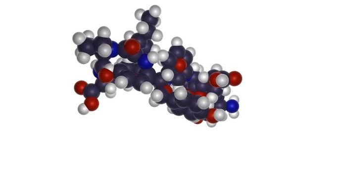 Human growth hormone, HGH, somatotropine, footage of 3d molecular structure with transparent background (alpha channel), spinning in infinite seamless loop in 4K, UHD, 2160p resolution.