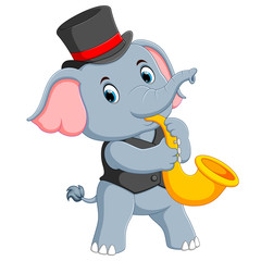 the big grey elephant uses the black hat and playing the trumpet 